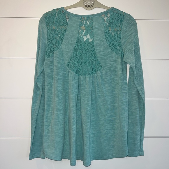 REWIND Teal Green Lace Hi-Lo Shirt Medium Boho Cottagecore Y2K Lace Back Shirt - Picture 2 of 7